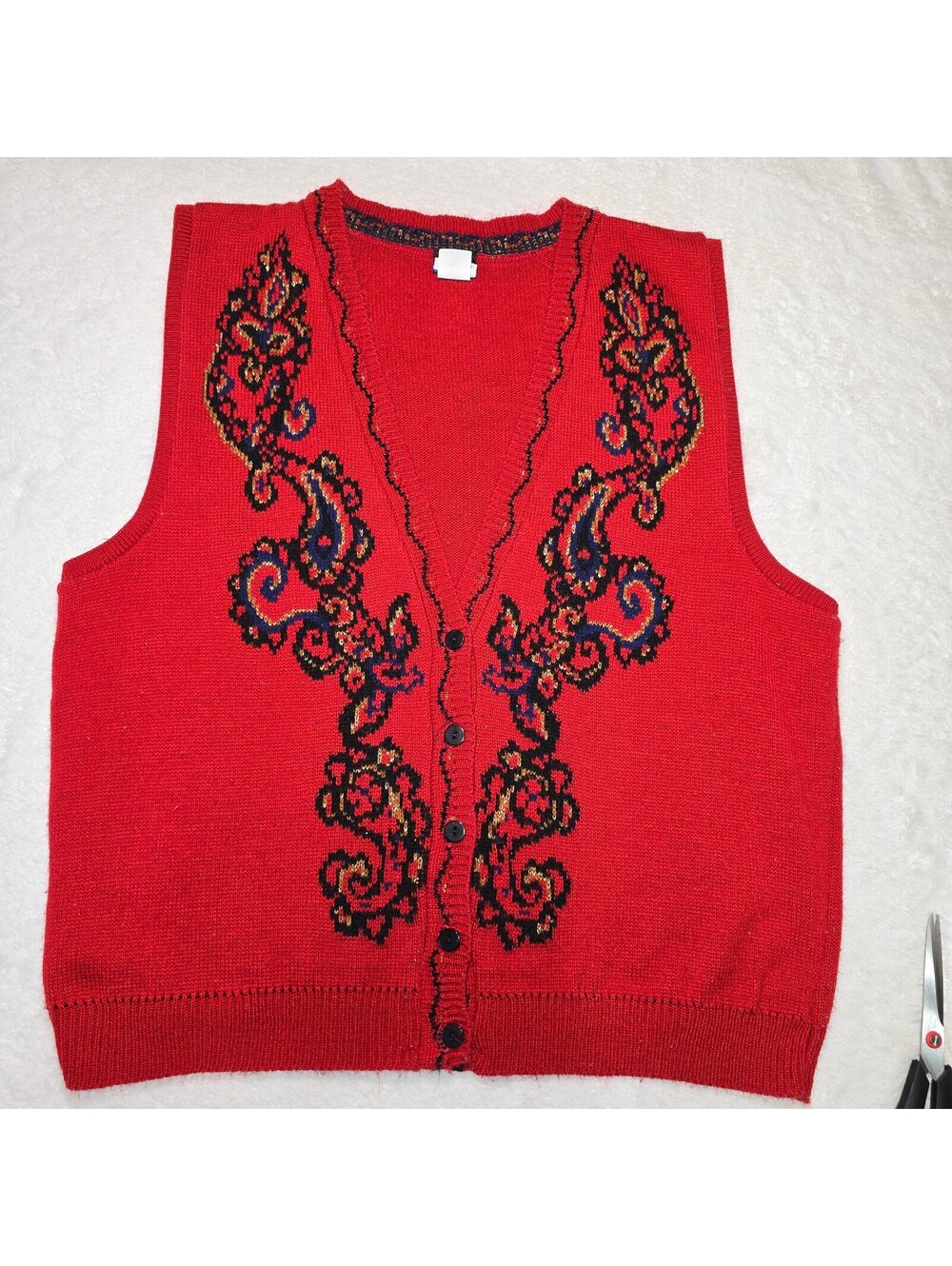 Vintage 90s Panther Sweater Vest L Red Embroidered Paisley Knit Grandmacore